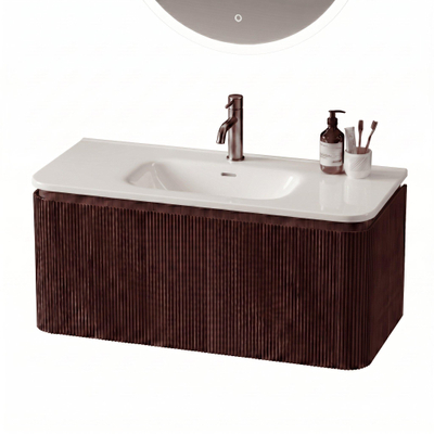 Royal Plaza Terra Edge Ensemble meuble de salle de bains - 100x45.5x46cm - vasque en céramique blanc brillant - 1 vasque - 1 trou de robinet - 2 tiroirs - châtaigne (noyer)