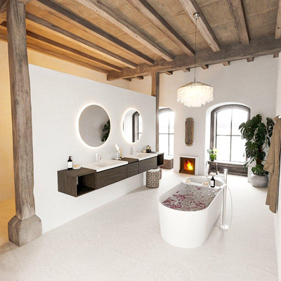 MONDIAZ BUKLA Meuble de salle de bains 280 cm avec module ouvert 40 G+D couleur Dark Brown avec 3 tiroirs. Lavabo CLOUD double 2 trous de robinet couleur Talc.