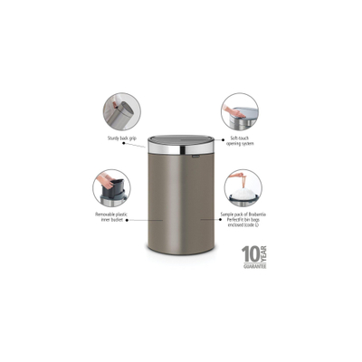Brabantia Touch Bin Poubelle - 40 litres - seau intérieur en plastique - platinum - matt Steel
