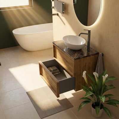Saniclass Holz Frame Ensemble de meubles de salle de bains - 80x45x63cm - Plan de toilette en pierre naturelle Noche dark emperador - 1 trou de robinet - 2 tiroirs - chêne natural mat (bois)