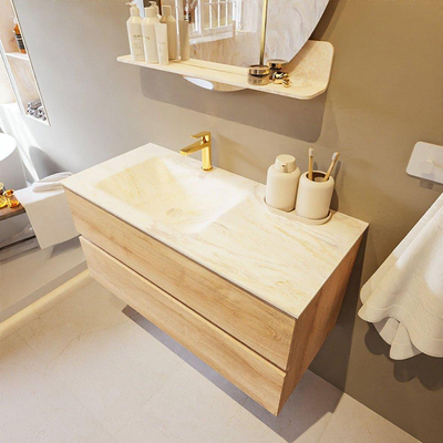 Mondiaz VICA-DLUX Ensemble de meuble de salle de bain - 100cm - meuble sous-vasque chêne blanchi - 2 tiroirs - lavabo encastré cloud gauche - 1 trou de robinet - version haute de 60cm - ostra