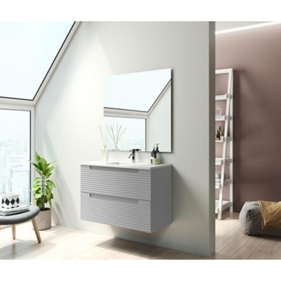Adema Prime Balance Ensemble de meuble - 60x55x45cm - 1 vasque rectangulaire en céramique Blanc - 1 trou de robinet - 2 tiroirs - avec miroir rectangulaire - Greige