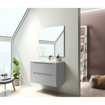 Saniclass Prime Balance Ensemble meuble de salle de bains - 60x55x45cm - 1 vasque rectangulaire en céramique blanche - 1 trou de robinet - 2 tiroirs - miroir rectangulaire - mat greige (gris)