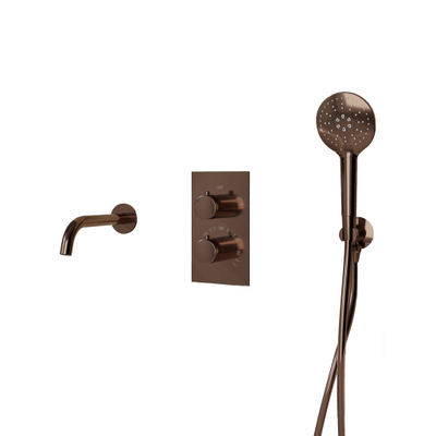 Fortifura Calvi Robinet de baignoire set - bec - 22cm réductible - corps lisse - douchette ronde - partie encastrable - support mural - cuivre brossé PVD