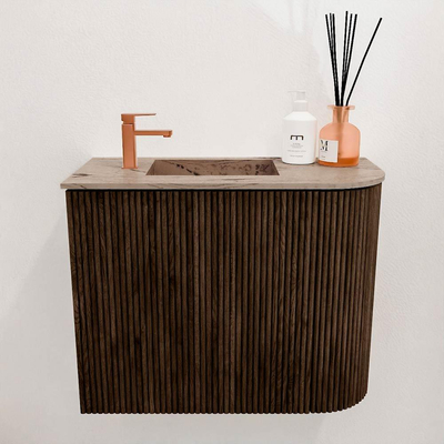 Mondiaz JOYA-DLUX 51.6cm toiletmeubel - ronding rechts kleur Walnut - Wastafel FAYE positie Links 1 kraangat kleur Arena.