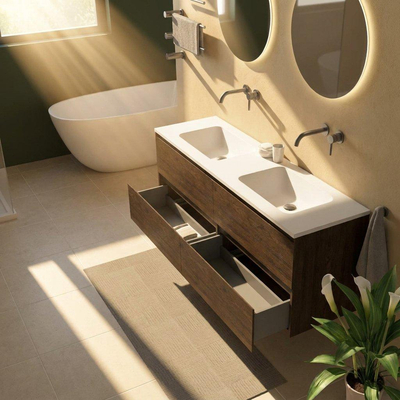 Saniclass Holz Pure Ensemble meuble de salle de bains - 160x45x77.5cm - vasque Torino en solid surface blanc - sans trou de robinetterie - 4 tiroirs - chêne charcoal mat (bois)