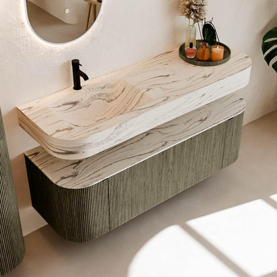 MONDIAZ THOR-DLUX 140cm meuble de salle de bains arrondi gauche + droite couleur Shadow avec 1 tiroir et 2 portes. Vasque suspendue CLOUD Gauche 1 trou de robinet couleur Nata.