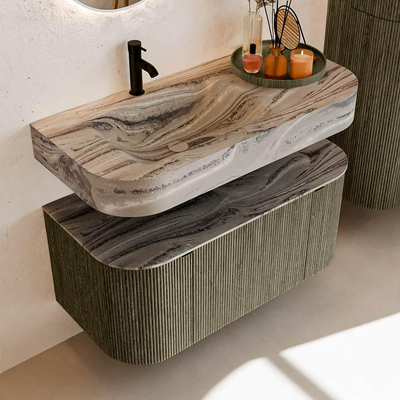 MONDIAZ THOR-DLUX 100cm meuble de salle de bains arrondi gauche + droite couleur Shadow avec 1 tiroir et 2 portes. Vasque suspendue CLOUD Gauche 1 trou de robinet couleur Sombra.