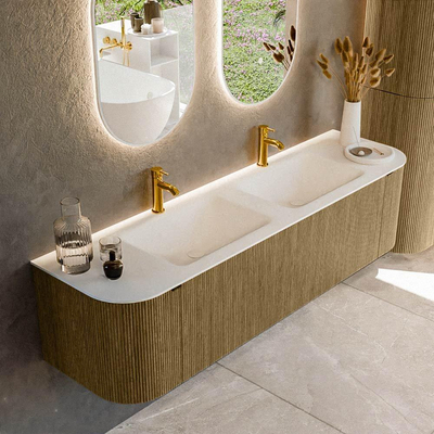 Mondiaz KURVE Ensemble de meuble de salle de bains - 170x46x40cm - 1 tiroir - 2 portes - vasque solid surface - double - 2 trous de robinet - Dusk