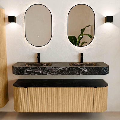 MONDIAZ THOR-DLUX 150cm meuble de salle de bains arrondi gauche + droite couleur Oak avec 1 tiroir et 2 portes. Vasque suspendue CLOUD Double 2 trous de robinet couleur Lava.