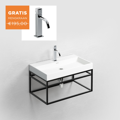 Clou Wash Me Ensemble meuble de salle de bains Frame 70x38x42cm Noir mat Lavabo céramique blanc brillant avec robinet Xo 12 bonde ouverte et siphon Chrome