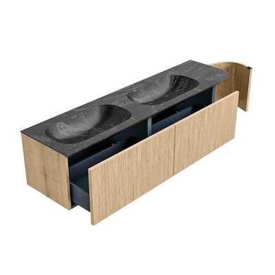 MONDIAZ KURVE-DLUX Meuble de salle de bains 175 cm avec module 25 R couleur Oak avec 2 tiroirs et 1 porte. Lavabo STOR SMALL double / gauche 2 trous de robinet couleur Lava.