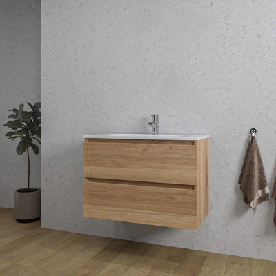 Adema Chaci Ensemble de meuble de salle de bains - 80x46x57cm - 2 tiroirs - 1 vasque ovale en céramique blanche - 1 trou de robinet - cannelle