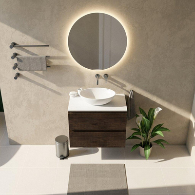 Saniclass Holz Atelier Ensemble de meubles de salle de bains - 80x45x62.5cm - plan de toilette Torino en Solid Surface blanc - sans trou de robinetterie - 2 tiroirs - chêne charcoal mat (bois)