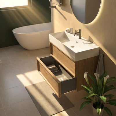 Saniclass Holz Frame Ensemble meuble de salle de bains - 100x45x72cm - Legend lavabo en céramique blanc - 1 vasque - 1 trou de robinetterie - 2 tiroirs - chêne natural mat (bois)