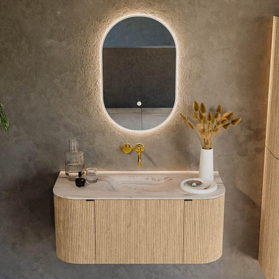 MONDIAZ KURVE-DLUX Meuble de salle de bains 100cm arrondi Gauche + Droite couleur Chêne avec 1 tiroir et 2 portes. Lavabo GRUNNE Central sans trou de robinet Nata.