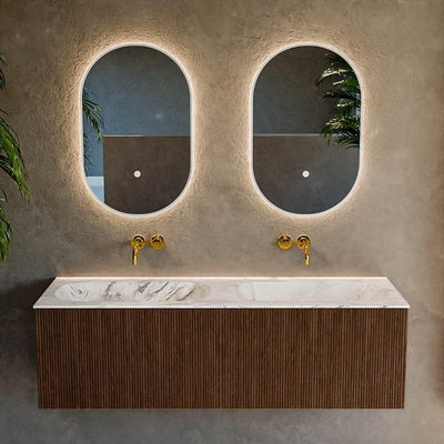 MONDIAZ KURVE-DLUX 140cm badmeubel kleur Walnut met 2 lades. Wastafel STOR SMALL dubbel zonder kraangat kleur Glace.