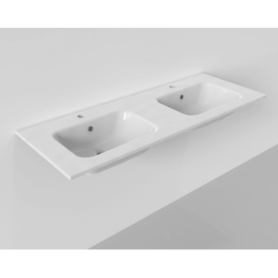 Arcqua Pakaru wastafel 121x46cm met overloopgat 2 kraangaten 2 wasbakken keramiek glans wit OUTLETSTORE