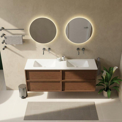 Saniclass Holz Frame Ensemble meuble de salle de bains - 160x45x77.5cm - vasque Torino en solid surface blanc - sans trou de robinetterie - 4 tiroirs - noyer pure mat (bois)