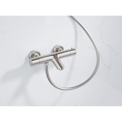 Fortifura Calvi Thermostatische badkraan - met staafhanddouche handdouchehouder en gladde doucheslang - PVD - geborsteld RVS