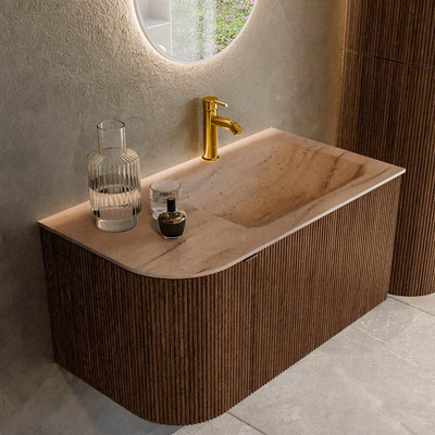 MONDIAZ KURVE-DLUX Meuble de salle de bains 85cm arrondi à gauche couleur Walnut avec 1 tiroir et 1 porte. Lavabo CLOUD à droite 1 trou de robinet Saba.
