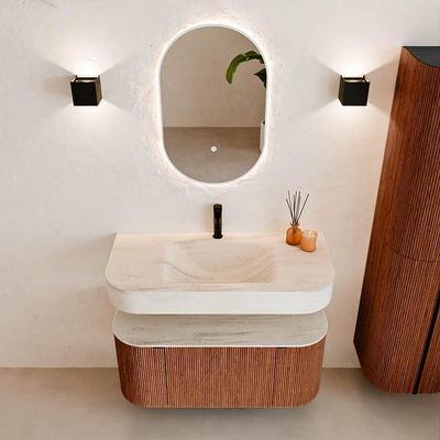 MONDIAZ THOR-DLUX 100cm meuble de salle de bains arrondi gauche + droite couleur Ruby avec 1 tiroir et 2 portes. Vasque suspendue CLOUD Milieu 1 trou de robinet couleur Meli.