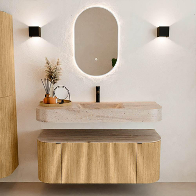 MONDIAZ THOR-DLUX 120cm badmeubel ronding links + rechts kleur Oak met 1 lade en 2 deuren. Vrijhangende wastafel CLOUD Midden 1 kraangat kleur Saba.