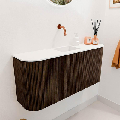 Mondiaz JOYA 93.2cm toiletmeubel - ronding links en rechts kleur Walnut - Wastafel FAYE positie Midden Zonder kraangat kleur Talc.