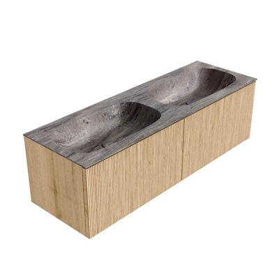 MONDIAZ KURVE-DLUX Meuble de salle de bains 140 cm couleur Oak avec 2 tiroirs et 0 porte. Lavabo STOR SMALL Double sans trou de robinet Oza.