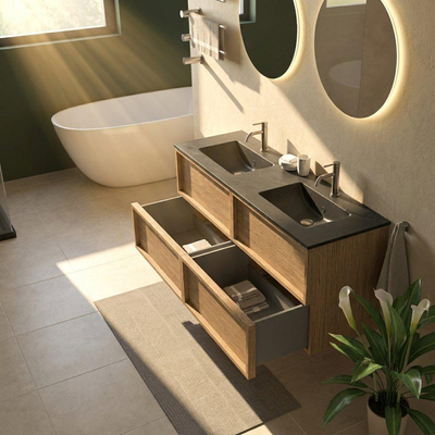 Saniclass Holz Frame Ensemble de meubles de salle de bains - 140x45x62cm - lavabo Vygo en céramique noir - 2 vasques - 2 trous de robinet - 4 tiroirs - chêne natural mat (bois)