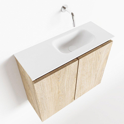 MONDIAZ TURE Fonteinset - 60x23x50cm - 0 kraangaten - 2 deuren - washed oak mat - Wasbak rechts - Solid Surface Wit