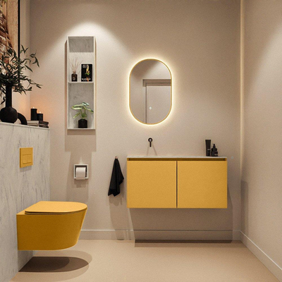 MONDIAZ TURE-DLUX meuble WC 100 cm Ocher. EDEN lavabo Opalo position gauche. Sans trou de robinet.
