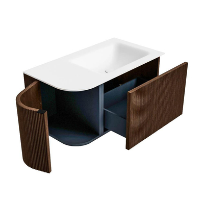 MONDIAZ KURVE 85cm badmeubel met module 25 L kleur Walnut met 1 lade en 1 deur. Wastafel CLOUD rechts zonder kraangat Talc.