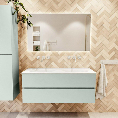 Mondiaz VICA ensemble de meuble de salle de bain - 120cm - meuble sous-vasque greey - 2 tiroirs - lavabo moon double - sans trous de robinet - couleur talc - miroir LED - version XL 60cm de haut