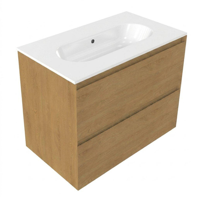 Saniclass Holz Pure Ensemble de meubles de salle de bains - 80x45x73.9cm - Vasque en céramique Chaci blanche - 1 vasque - sans trou de robinet - 2 tiroirs - chêne naturel mat (bois)