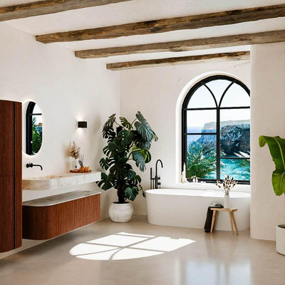 MONDIAZ THOR-DLUX 150cm meuble de salle de bains arrondi gauche + droite couleur Ruby avec 1 tiroir et 2 portes. Vasque suspendue CLOUD Gauche sans trou de robinet couleur Frappe.