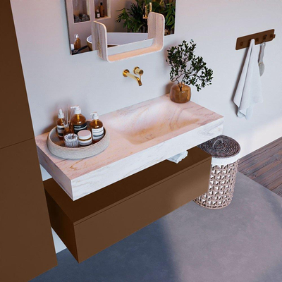 Mondiaz ALAN-DLUX Ensemble de meuble - 100cm - meuble Rust mat - 1 tiroir - Lavabo Cloud Ostra suspendu - vasque Droite - 0 trous de robinet