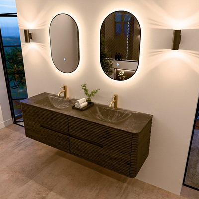 Mondiaz CIRO-DLUX Badkamermeubelset - 160x45x50cm - Solid surface wastafel Lava - 2 wasbak Dubbel - 2 kraangaten - 4 lades - Shadow