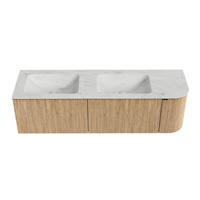 MONDIAZ KURVE-DLUX meuble de salle de bains 155 cm avec module 25 R couleur Oak avec 2 tiroirs et 1 porte. Lavabo LEAF double / gauche sans trou de robinet couleur Opalo.