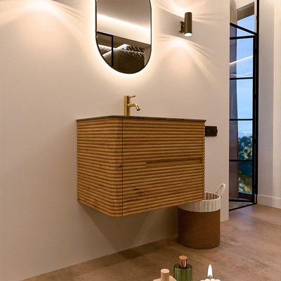 Mondiaz CIRO-DLUX Meuble de salle de bains avec miroir - 70x45x50cm - Vasque solid surface Oza - 1 lavabo au milieu - 1 trou de robinet - 2 tiroirs - Chêne