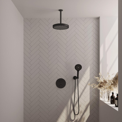 BRAUER Stripe Thermostatische Inbouw Regendouche - 3-weg - rond - SET 42 - 25cm douchekop - plafondarm - 3-standen handdouche - doucheslang - wandaansluitbocht - mat zwart