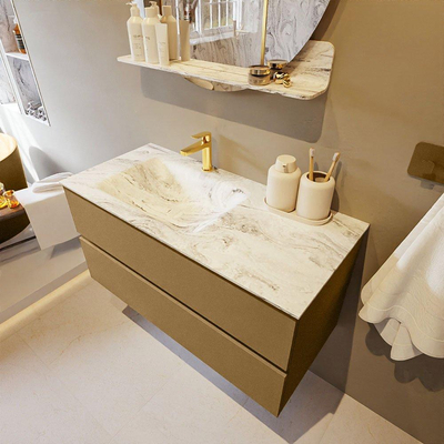 Mondiaz VICA-DLUX Ensemble de meuble de salle de bain - 100cm - meuble sous-vasque oro - 2 tiroirs - lavabo encastré cloud gauche - 1 trou de robinet - version haute de 60cm - glace