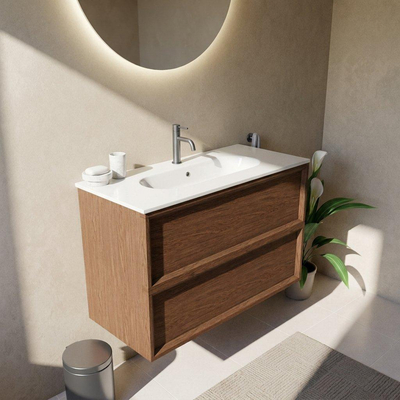 Saniclass Holz Frame Ensemble de meubles de salle de bains - 100x45x73.9cm - Vasque Chaci en céramique blanche - 1 vasque - 1 trou de robinet - 2 tiroirs - walnut pure mat (bois)