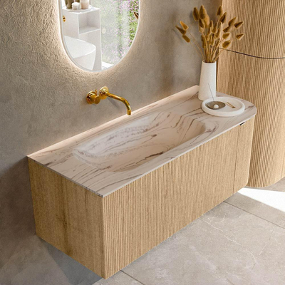 MONDIAZ KURVE-DLUX Meuble de salle de bains 115 cm arrondi à droite couleur Oak avec 1 tiroir et 1 porte. Vasque BIG SMALL à gauche sans trou de robinet Nata.