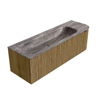 MONDIAZ KURVE-DLUX 145cm badmeubel ronding Rechts kleur Dusk met 1 lade en 1 deur. Wastafel BIG LARGE Links 2 kraangaten Oza.