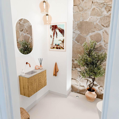 Mondiaz JOYA-DLUX 60cm meuble de toilette - couleur Oak - Vasque FAYE position Gauche Sans trou de robinet couleur Glace.