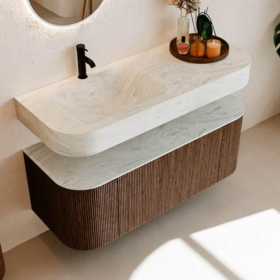 MONDIAZ THOR-DLUX 120cm meuble de salle de bains arrondi gauche + droite couleur Walnut avec 1 tiroir et 2 portes. Vasque suspendue CLOUD gauche 1 trou de robinet couleur Opalo.