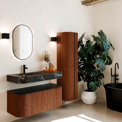 MONDIAZ THOR-DLUX 110cm meuble de salle de bains arrondi gauche + droite couleur Ruby avec 1 tiroir et 2 portes. Vasque suspendue CLOUD Gauche 1 trou de robinet couleur Lava.