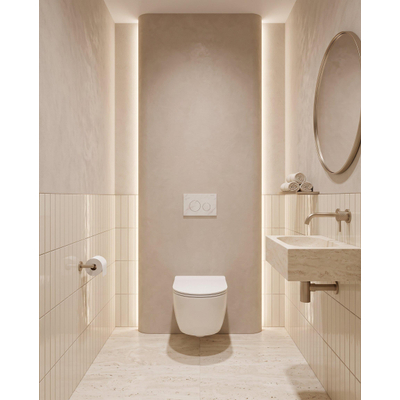 QeramiQ Dely Swirl Toiletset - inbouwreservoir Qeramiq Flush - slim zitting - natuursteen wit marmeren bedieningsplaat - ronde knoppen - glans wit