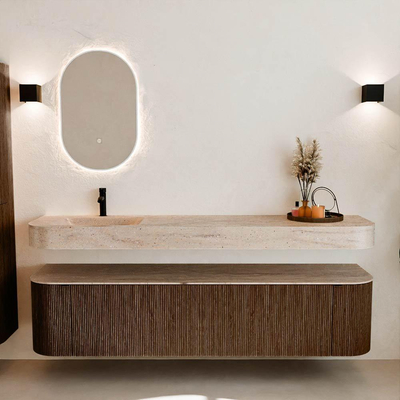 MONDIAZ THOR-DLUX 190cm badmeubel ronding links + rechts kleur Walnut met 2 lades en 2 deuren. Vrijhangende wastafel CLOUD Links 1 kraangat kleur Saba.